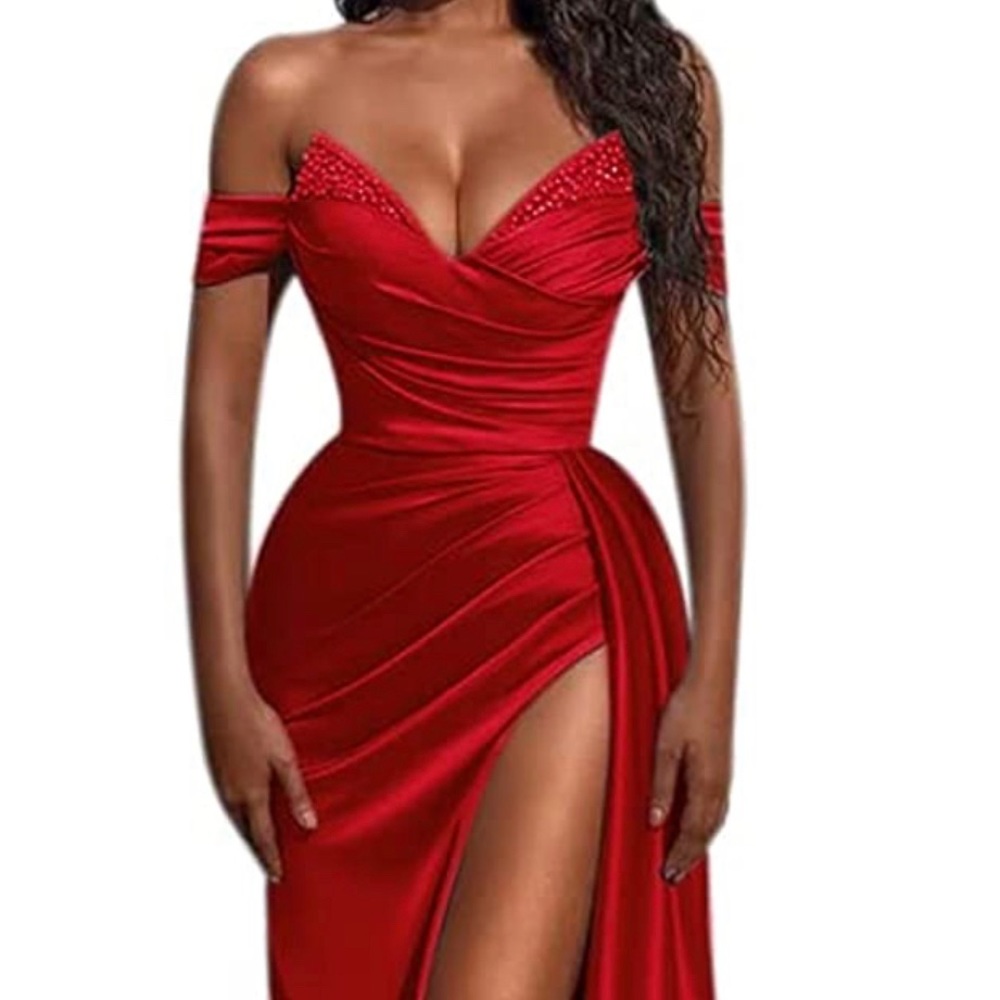Beautiful shoulder off satin prom evening dress